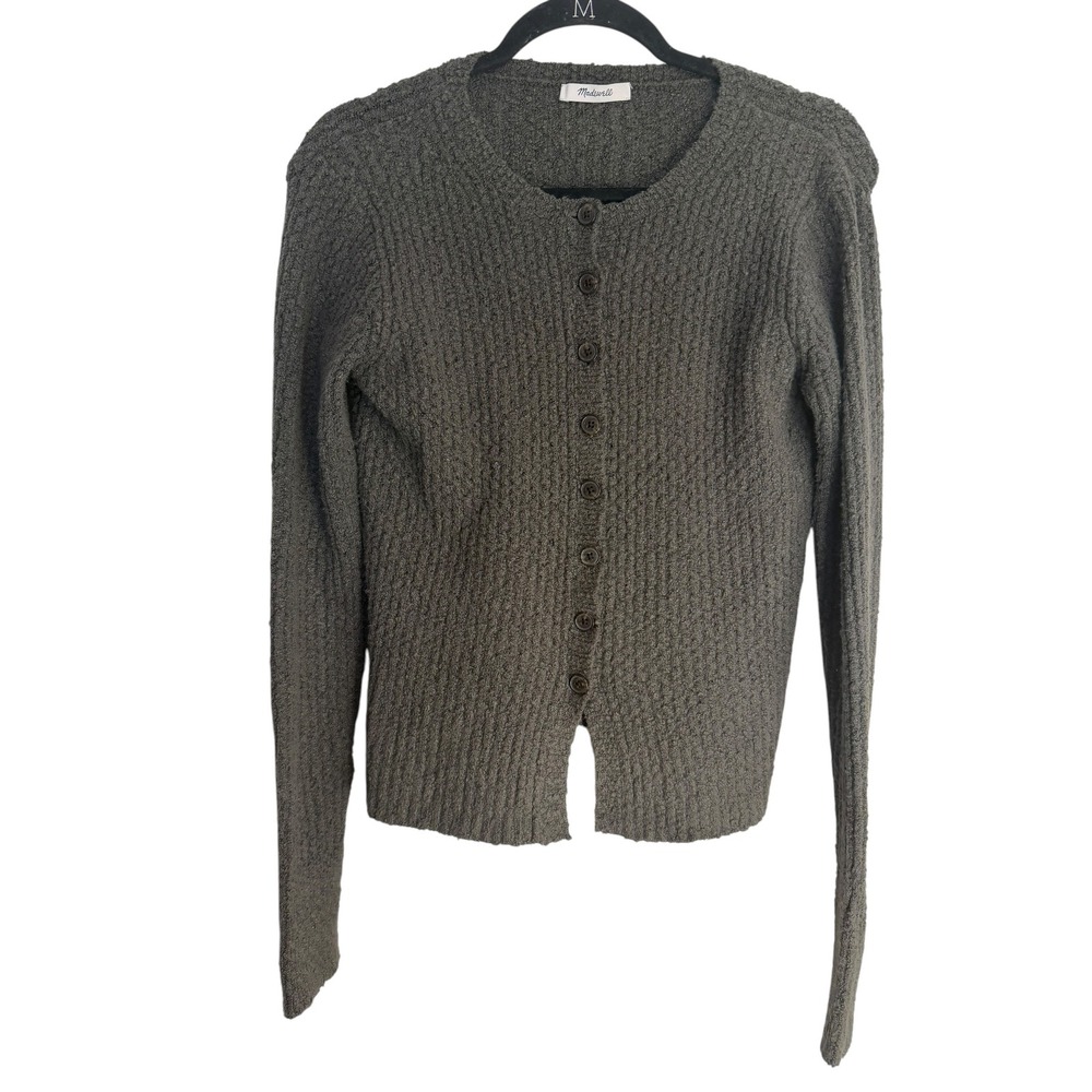 Madewell Ronin Crew Cardigan Pelican Green Textured Knit Sweater Size M